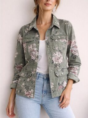 Kensie Floral Utility Jacket Olive Green Size M Cargo Military Spring Jacket